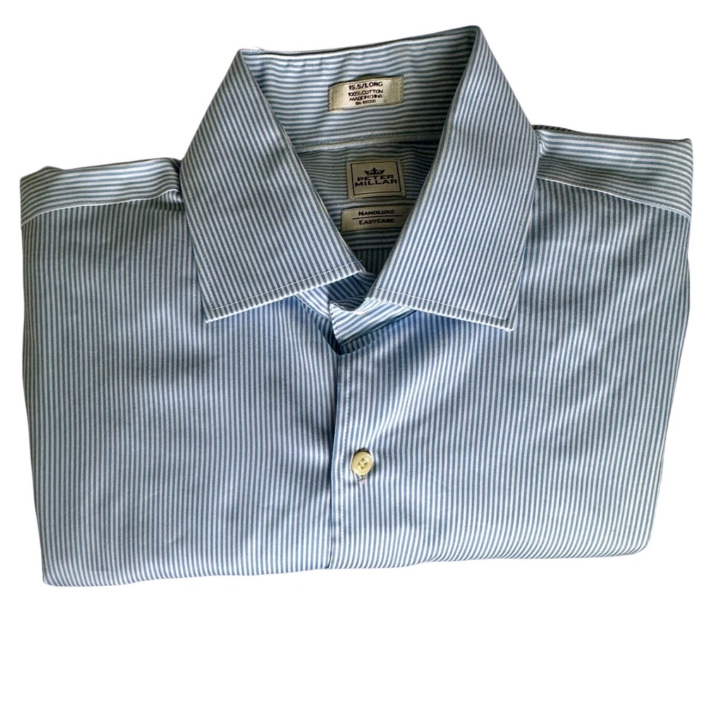 Peter Millar Nanoluxe Easycare Shirt Mens 15.5 Long Blue White Stripe Cotton